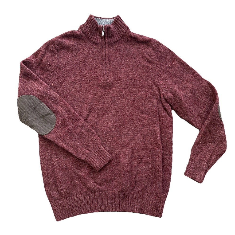 L.L.Bean Shetland Wool Quarter Zip Sweater Men Medium Burgundy Elbow Patches
